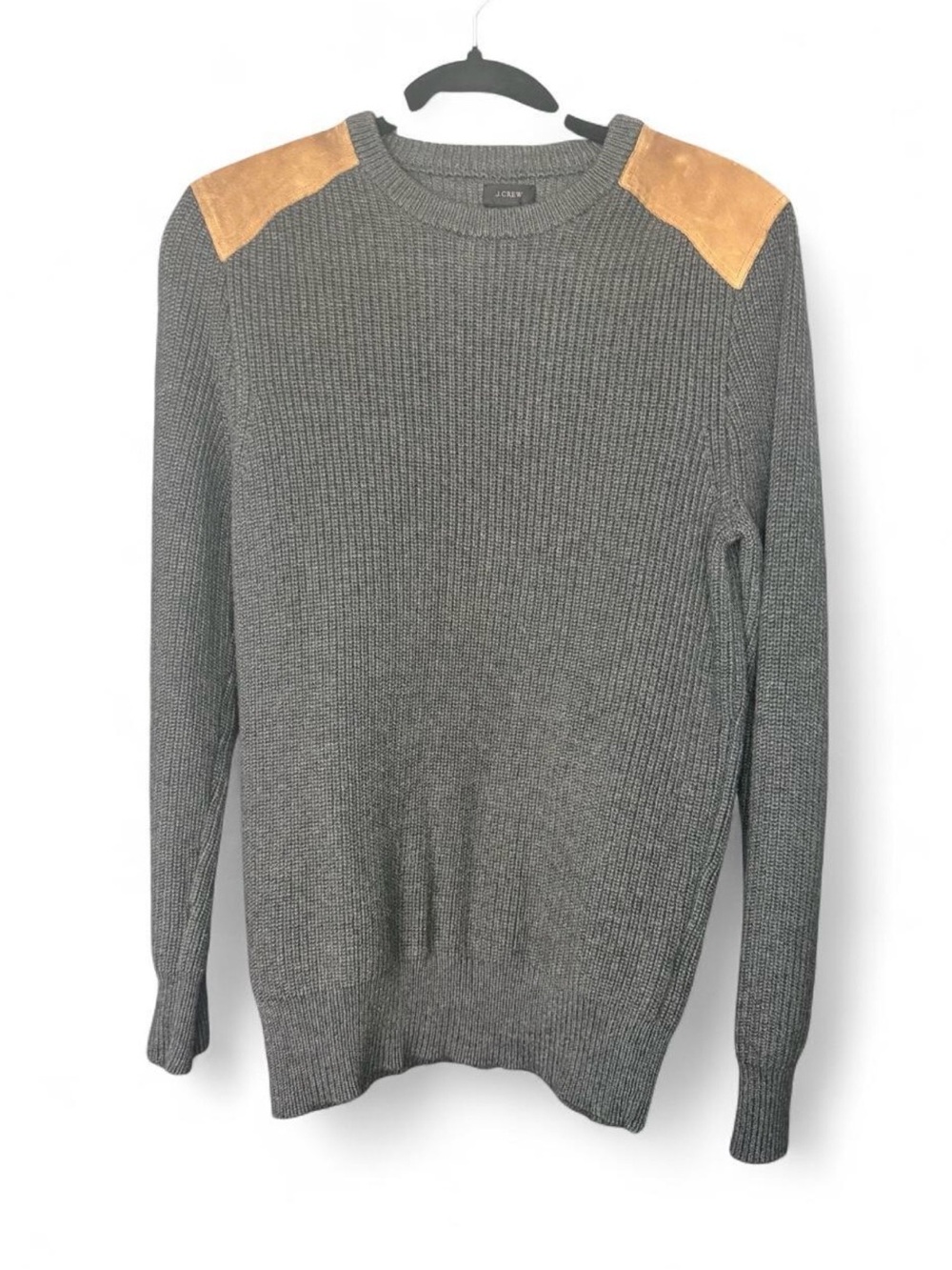 J. Crew Gray Crewneck Sweater with Tan Shoulder Patches